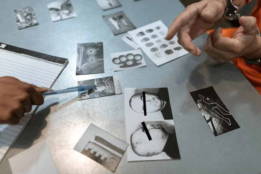 Various case photos on a desk